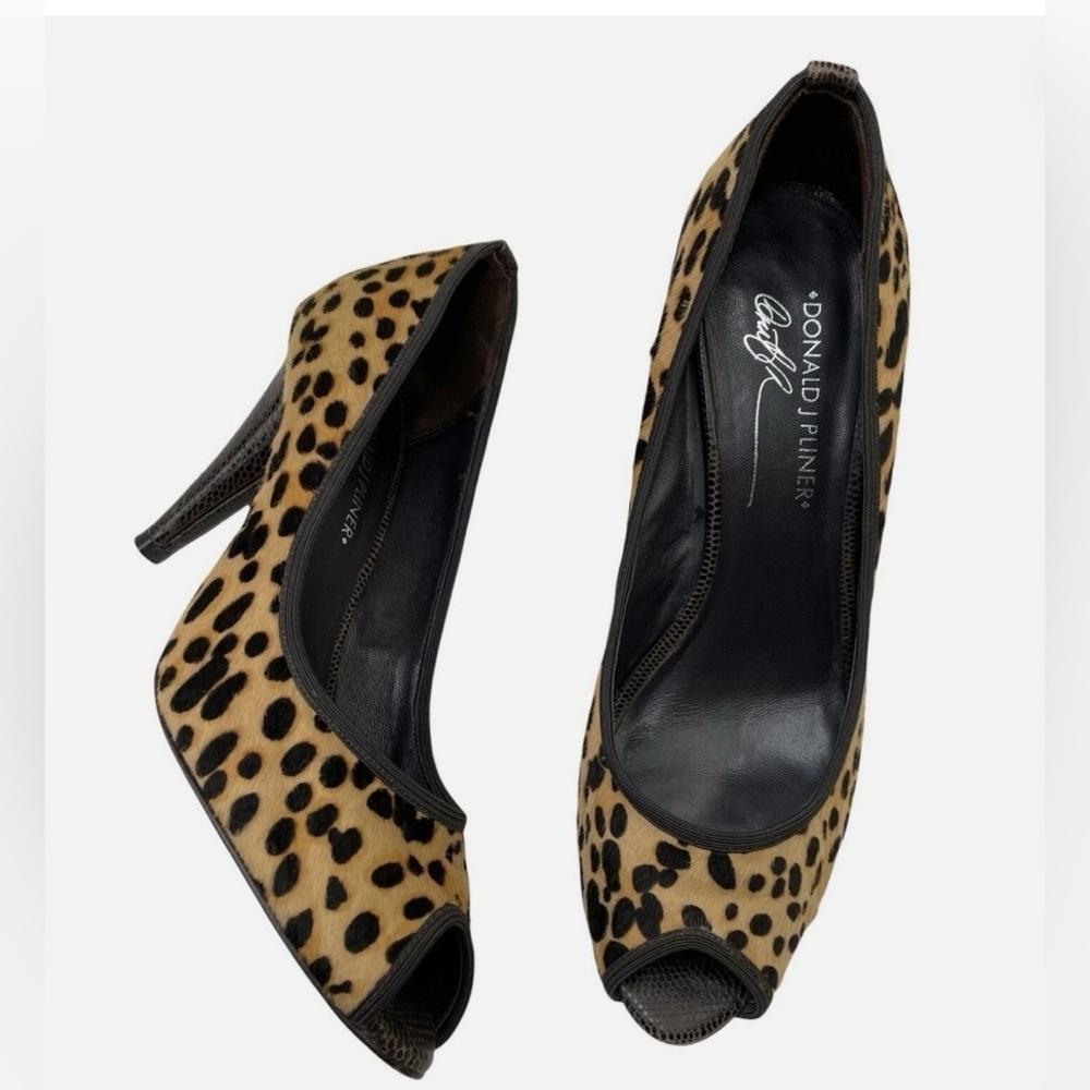 Donald J Pliner Size 7 Fatima Peep Stiletto Leather Calf Hair Heels Leopard Pump